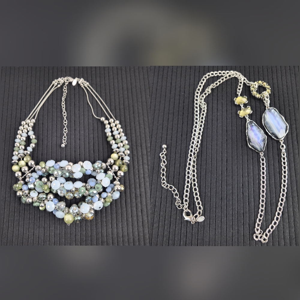 Set of Chicos Necklaces Chunky Silver w/ Beads & Long Strand w/ Like Gem & Stone